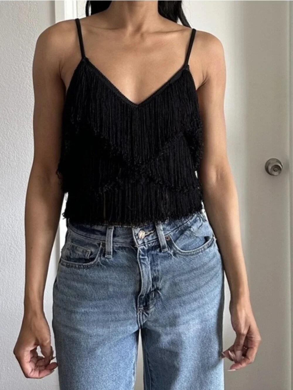 Free People Shimmy Fringe Cami Top L Black Boho Coastal Cowgirl Festival Western